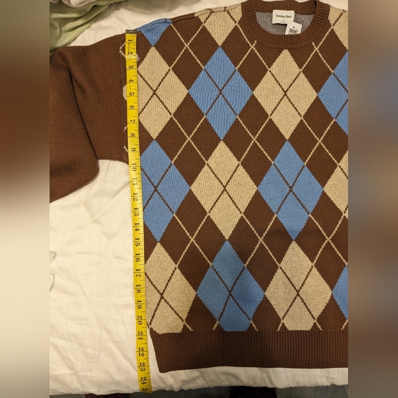 Aritzia Peggy Sweater - brown cognac blue argyle merino wool - Picture 6 of 7